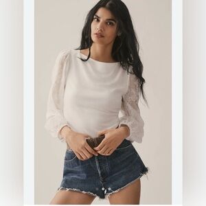 Anthropologie Sunday in Brooklyn Embroidered Sleeve Blouse in white